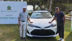 Zubair Hussain wins a valuable car after making a hole-in-one for the second time in the 15th Rashid D. Habib Memorial Golf Tournament